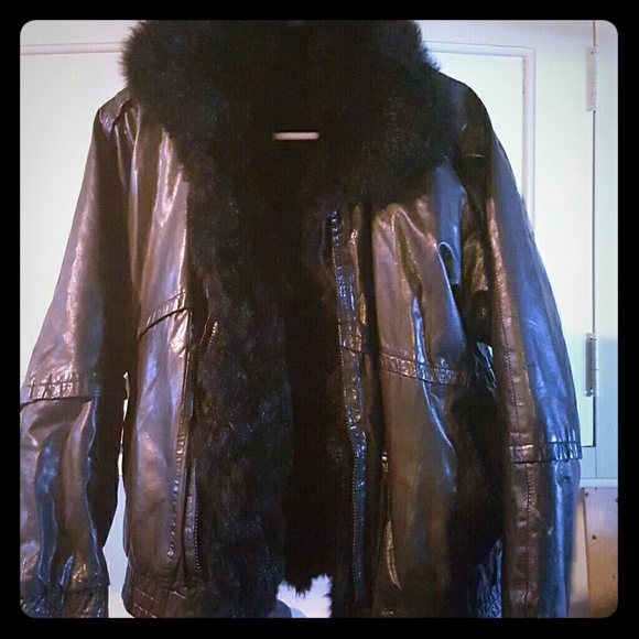 Rabbit fur lines leather coat