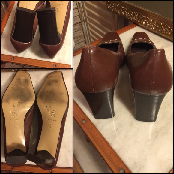 6-MUGNAI BROWN ITALIAN LEATHER 3" WIDE HEEL PUMPS - Picture 3 of 4