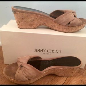 Jimmy Choo cork wedge suede sandals.