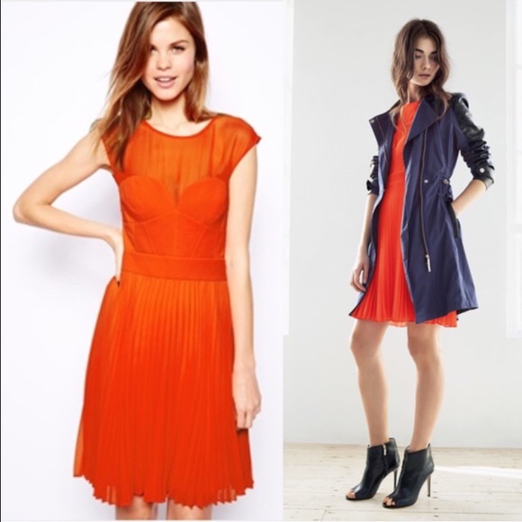 Karen Millen pleated dress sheer orange.