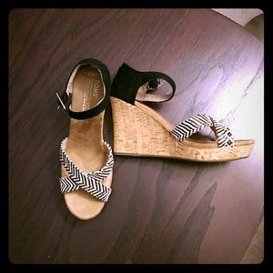 Toms strappy black woven with cork wedge