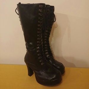 Black lace up knee high platform boots with zipper