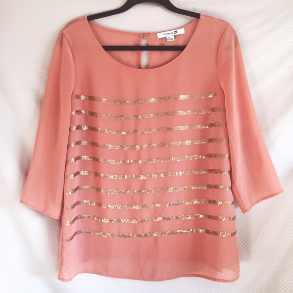 Forever 21 Tops - ✨HP🎉 Pink Top w/ Gold Sequin Stripes