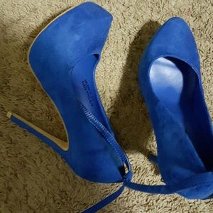Blue suede ankle strap platforms