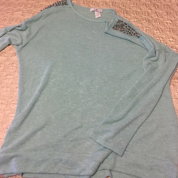 Teal lightweight sweater with spikes oh shoulders