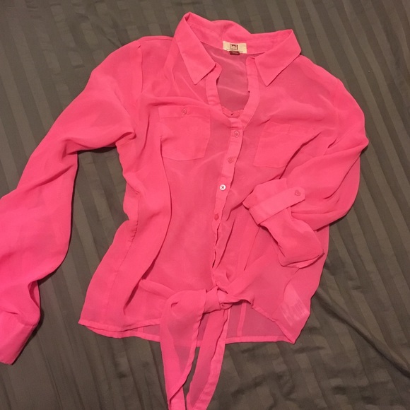 Sheer button up that ties at the bottom