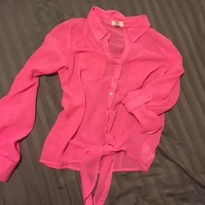 Sheer button up that ties at the bottom
