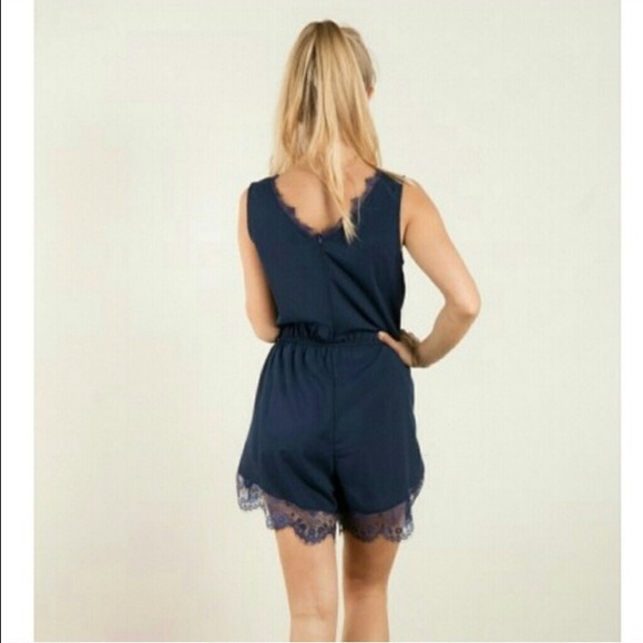Navy V-Neck Lace Trimmed Romper - Picture 3 of 3