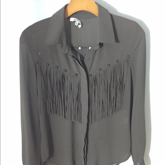 English Rose Long Sleeve Button Down Fringe Top