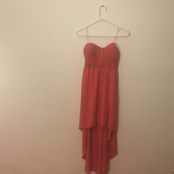 formal, high-low peach dress