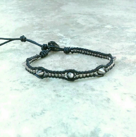 Silver Studded Mix Wrap Black Leather Bracelet - Picture 1 of 2