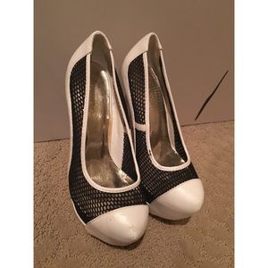 White heels w/ black mesh insert