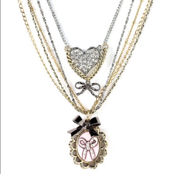 OG Betsey Johnson cameo bow & pave heart necklace
