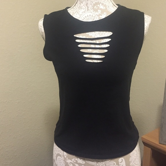 Black sleeveless top with slotted front details.