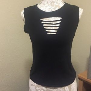 Black sleeveless top with slotted front details.