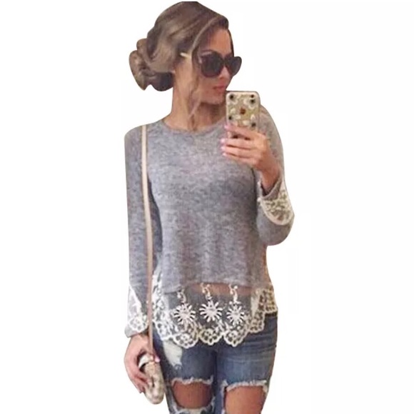 Grey Lace long sleeve top casual