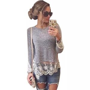 Grey Lace long sleeve top casual