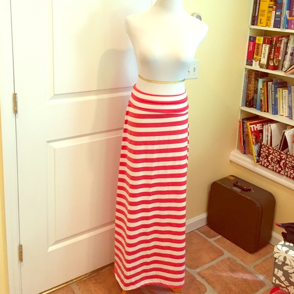 Coral + Cream Striped Maxi Skirt