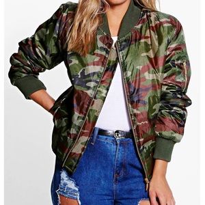 Boohoo plus Elise camo bomber