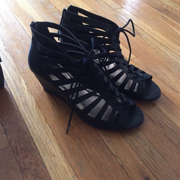 Material Girl black lace up wedge