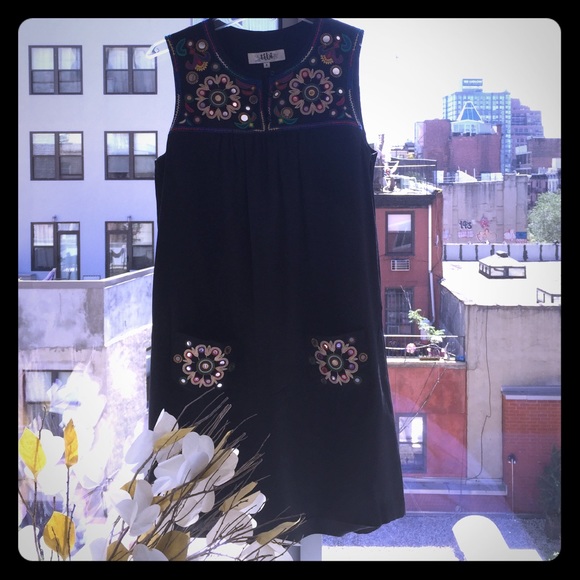 Peasant mini dress with mirror and embroidery