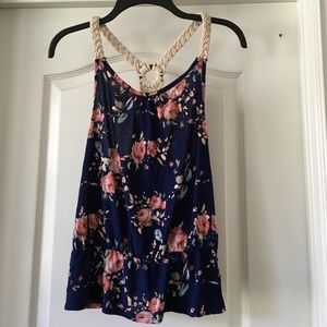 Feminine Macrame Navy Floral Racer Back Top