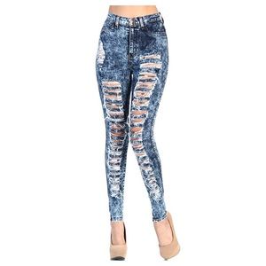 High waist, acid washed, ripped jeans.