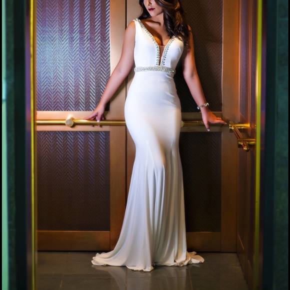 White Jersey Fitted Formal Dress / Prom Dress