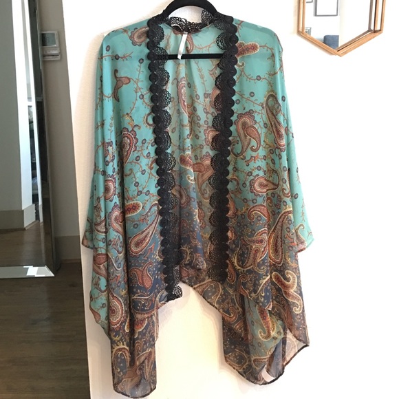 Teal & Amber paisley kimono with black trim