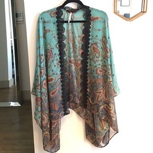 Teal & Amber paisley kimono with black trim