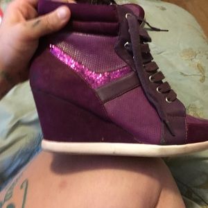 Purple lace up wedge booties