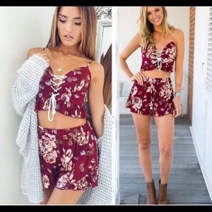Red floral 2 piece romper