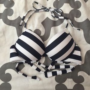 Navy/black and white striped push up bikini top