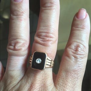 Antique 12K Rose Gold Ring-Onyx/Diamond size 8-1/2