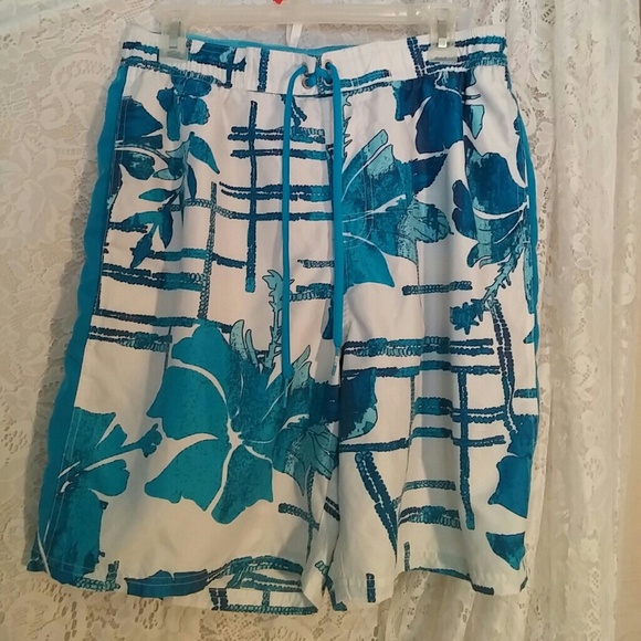 Men's bathing suit shorts - blue hibiscus flowers