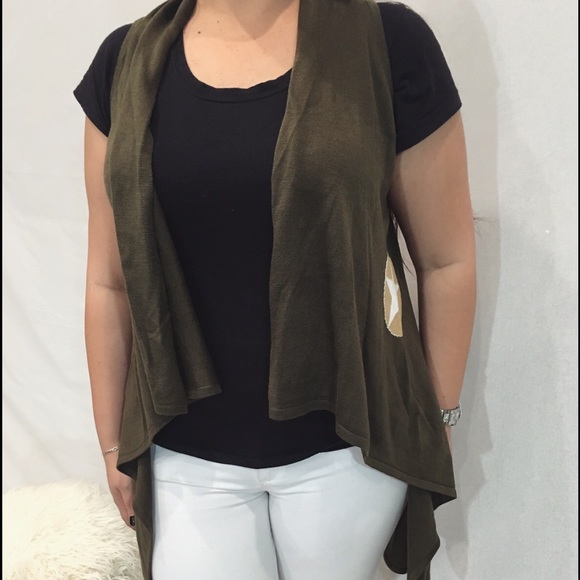 Sleeveless olive waterfall cardigan - Picture 3 of 4