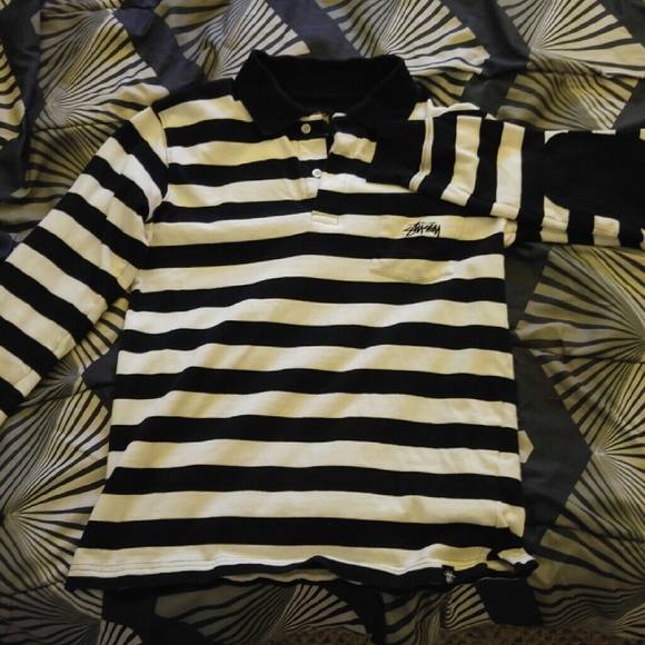 Stussy black and white striped collared shirt