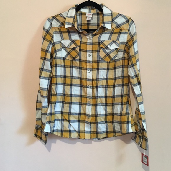 Mossimo yellow and navy plaid flannel shirt