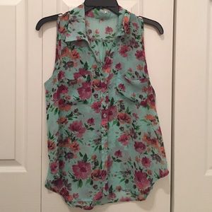 Teal floral button down tank