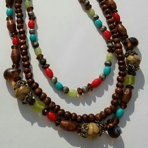 Boho Necklace Brown Wooden, Red, Blue Beads