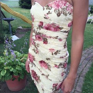 Strapless cream and rose floral dress