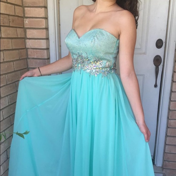 Aqua, jeweled, strapless, Prom Dress ✨