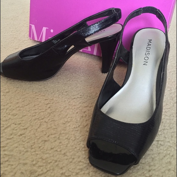 black Madison peeptoe sling back heels