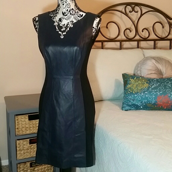 Aqua Dresses & Skirts - AQUA BLACK DRESS WITH NAVY LEATHER PANEL FRONT