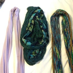 Purple, Green/Teal, and Multicolor scarves.