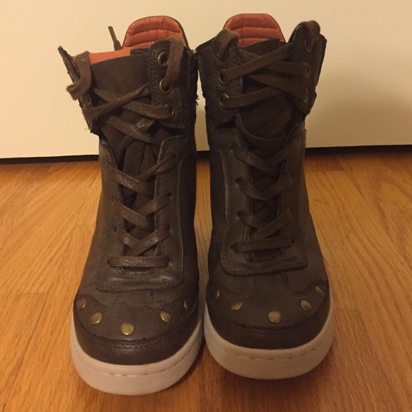 Brown studded sneaker wedges