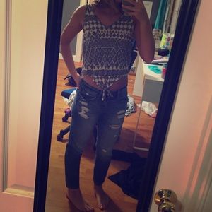 Indian pattern off white and navy crop top