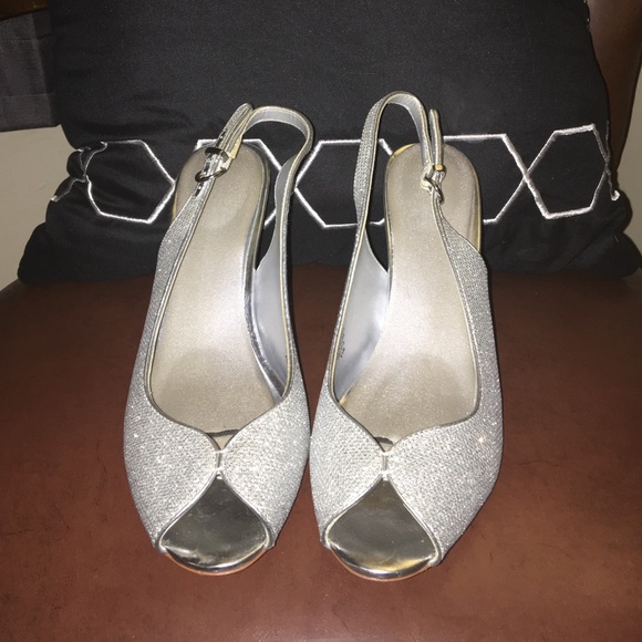 Silver peep toe sling backs