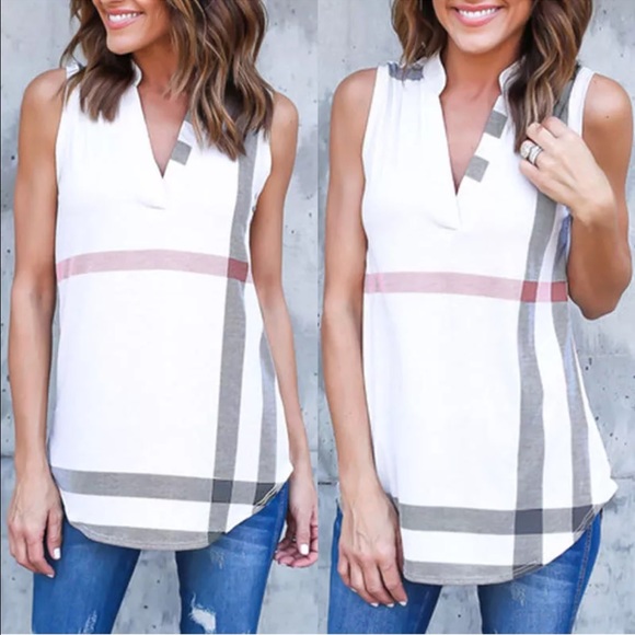 Plaid Sleeveless Tank Top V Neck