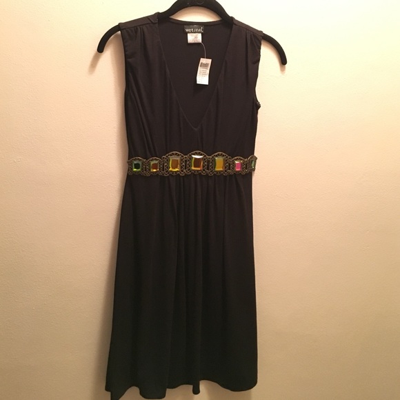 NEVER WORN Wet Seal Vneck Black Jewel Waist Dress